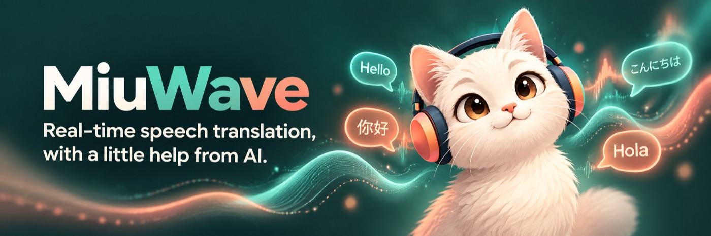 Linh vật MiuWave: chú mèo trắng đeo tai nghe màu san hô giữa các bong bóng lời chào bằng nhiều thứ tiếng.